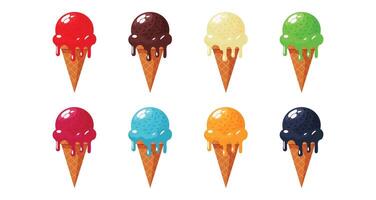 fruit ice cream in waffle cone set flat illustration. vector