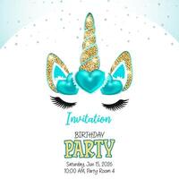 Invitation design featuring a stylized unicorn theme with closed eyes and long eyelashes vector