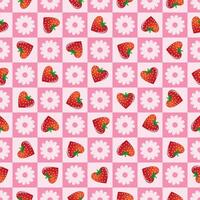 Seamless pattern featuring strawberries and stylized flowers vector