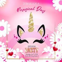 Invitation with a unicorn face design, featuring a glittery gold horn and ears vector