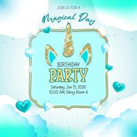 Invitation design with a unicorn theme features glittery gold vector
