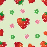 Strawberry-themed pattern featuring stylized heart-shaped and traditional strawberries vector