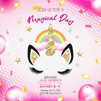 Colorful birthday party invitation featuring a unicorn theme vector