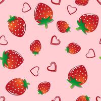 Strawberry-themed pattern featuring stylized heart shaped and traditional strawberries vector