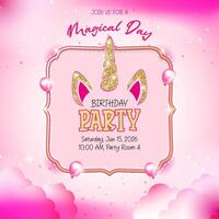 Pink and white birthday invitation featuring a unicorn theme vector