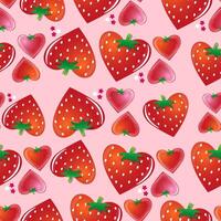 Heart-shaped strawberries are scattered across a pink and light pink checkered background vector