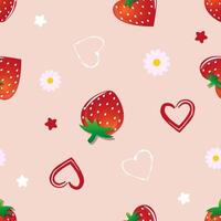 Pattern featuring red strawberries with green leaves, vector