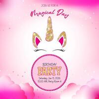 Pink invitation featuring a whimsical unicorn theme vector