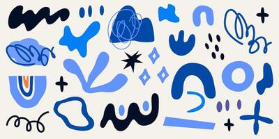Abstract blue shapes and doodle elements collection in Matisse style. Hand drawn modern trendy illustration. Elements for print, poster, stickers. Trendy hippie funky shapes vector