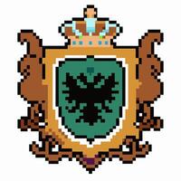 Pixel art heraldic shield with crown and eagle, medieval crest, pixelated digital emblem vector