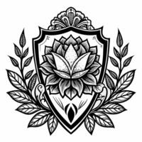 Intricate lotus emblem with shield and floral motifs in black and white vector