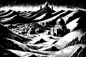 Black and White Desert Landscape with Ancient Architecture and Rolling Hills vector