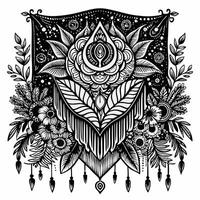 Intricate Floral Mandala with Leaves and Abstract Patterns in Black and White vector