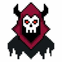 Pixel Art Hooded Skull with Horns 8 Bit Retro Gaming Character Icon vector