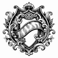 A black and white drawing of a shield with a ribbon on it vector