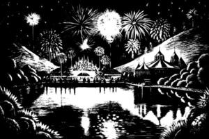 Black and White Night Festival with Fireworks and Circus Tent by a Lake vector