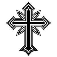 Ornate Black and White Christian Cross with Floral Designs vector