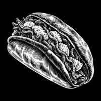A black and white drawing of a hot dog with mustard and relish vector