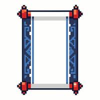 Ornate Pixel Art Scroll Frame with Geometric Design in Blue and Red Colors vector