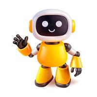 A cheerful yellow robot enthusiastically waves his hand while smiling vector