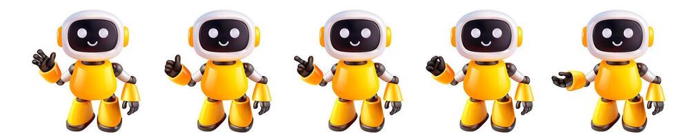 Yellow and white robots in various poses on a white background vector