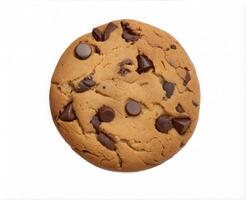 Detailed cookie shot with chocolate chips and brown surface isolated on a white plain background photo