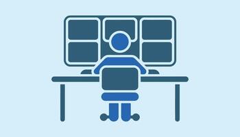 Person working at a computer with multiple monitors in office vector