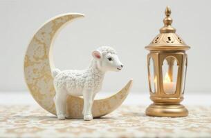 Lamb figurine with crescent decor and lantern for eid celebration decor photo