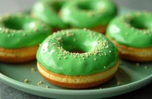 Delicious donuts in green glaze, sprinkled with sesame seeds, on a ceramic plate. pistachio cream. National Donut , Doughnut day photo
