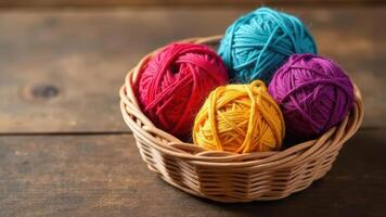 Vibrant yarn balls in a wicker basket on rustic wooden surface. concept of needlework, knitting and hobbies photo