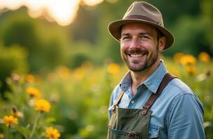 Happy farmer in sunflower field at sunset, wearing hat and overalls. international workers day photo