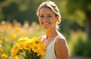 Mother's Day. Australian mother smiling holding a bouquet of golden chrysanthemums, linen dress, standing in a sunlit garden. photo