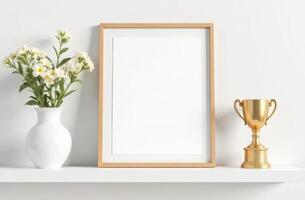 Minimalist shelf display with gold trophy, wooden frame, and white vase with flowers photo