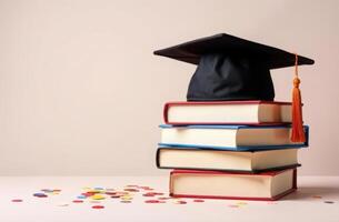 Graduation cap on stack of books with colorful confetti celebrating academic achievement photo