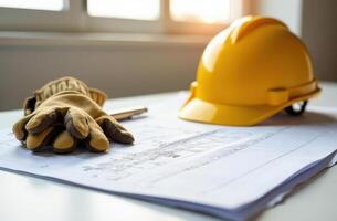 Construction planning with hard hat, gloves, and architectural blueprints. concept international workers day photo