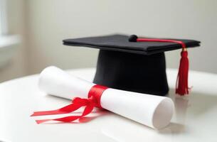 Graduation cap and diploma with red ribbon on white surface photo