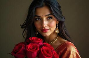 Indian woman with dark flowing hair, dressed in a sari with golden accents, gently holding a bouquet of red roses. mother's day photo
