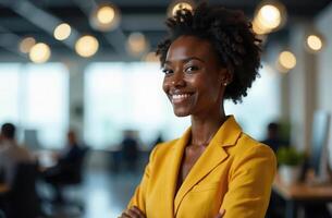 Confident businesswoman in yellow blazer smiling in modern office setting. international workers day photo