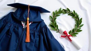 Graduation cap and gown with diploma and laurel wreath on white background photo