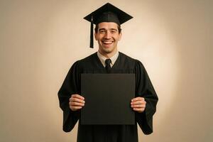 Celebrating graduation man smiling graduate in cap and gown holding blank diploma photo