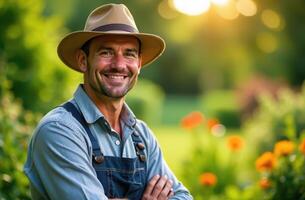 Smiling farmer in hat and overalls enjoying a sunny garden. international workers day photo