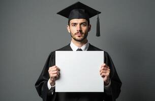 Confident man graduate holding blank sign in cap and gown against gray background photo