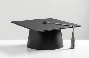 Black graduation cap with tassel on white surface reflecting academic achievement photo
