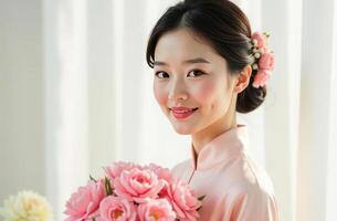 Chinese happy woman in a soft traditional qipao, holding a bouquet of pink flowers, her expression calm and graceful, surrounded by a clean white background. Mother's Day photo