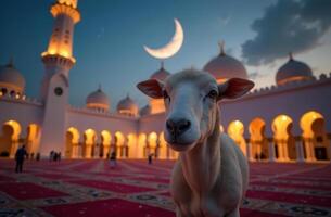 goat in majestic mosque courtyard under crescent moon. Eid al Adha photo