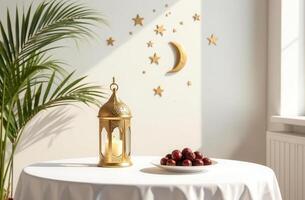 a white table, a golden Muslim lantern, a golden moon and stars on the wall, dates in a plate, soft pastel colors and white walls, palm flowers . Eid al Adha photo