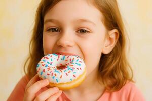 National Donut , Doughnut day. Girl eat donuts with icing photo