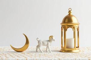 Elegant gold crescent, ram, and lantern arrangement for ramadan decor inspiration. Eid al-Adha photo