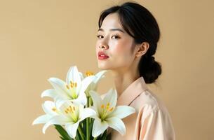 Malaysian woman in a soft pastel baju kurung, gracefully holding a bunch of white lilies. Mothers Day photo