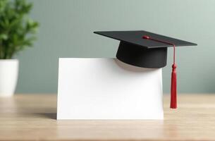Minimalist graduation concept with cap on blank card against green background. Mockup photo